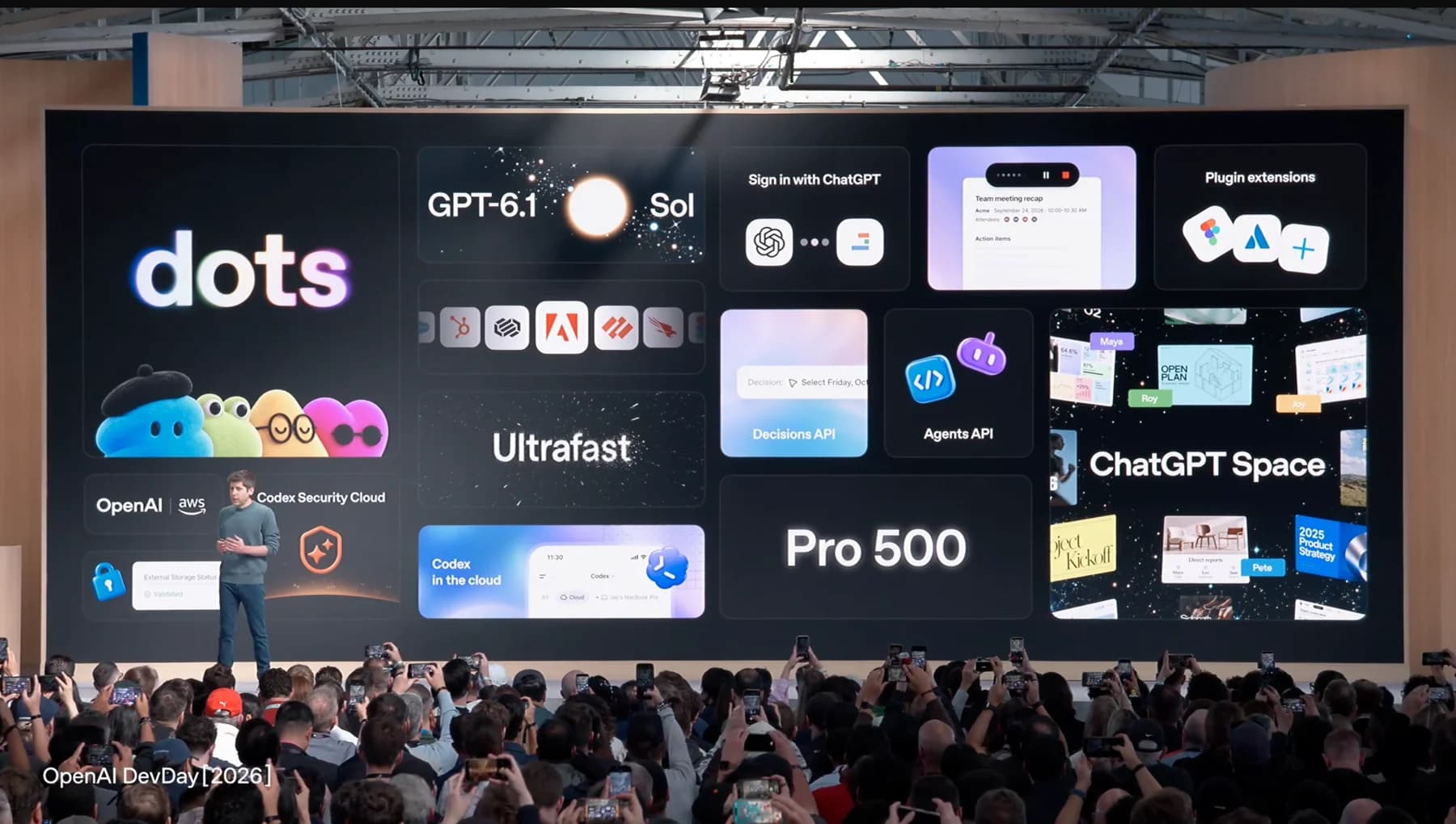 Sam Altman on stage at OpenAI DevDay 2026 in front of a screen wall of launch announcements including Dots, GPT-6.1 Sol, Ultrafast, Pro 500, Agents API and ChatGPT Space