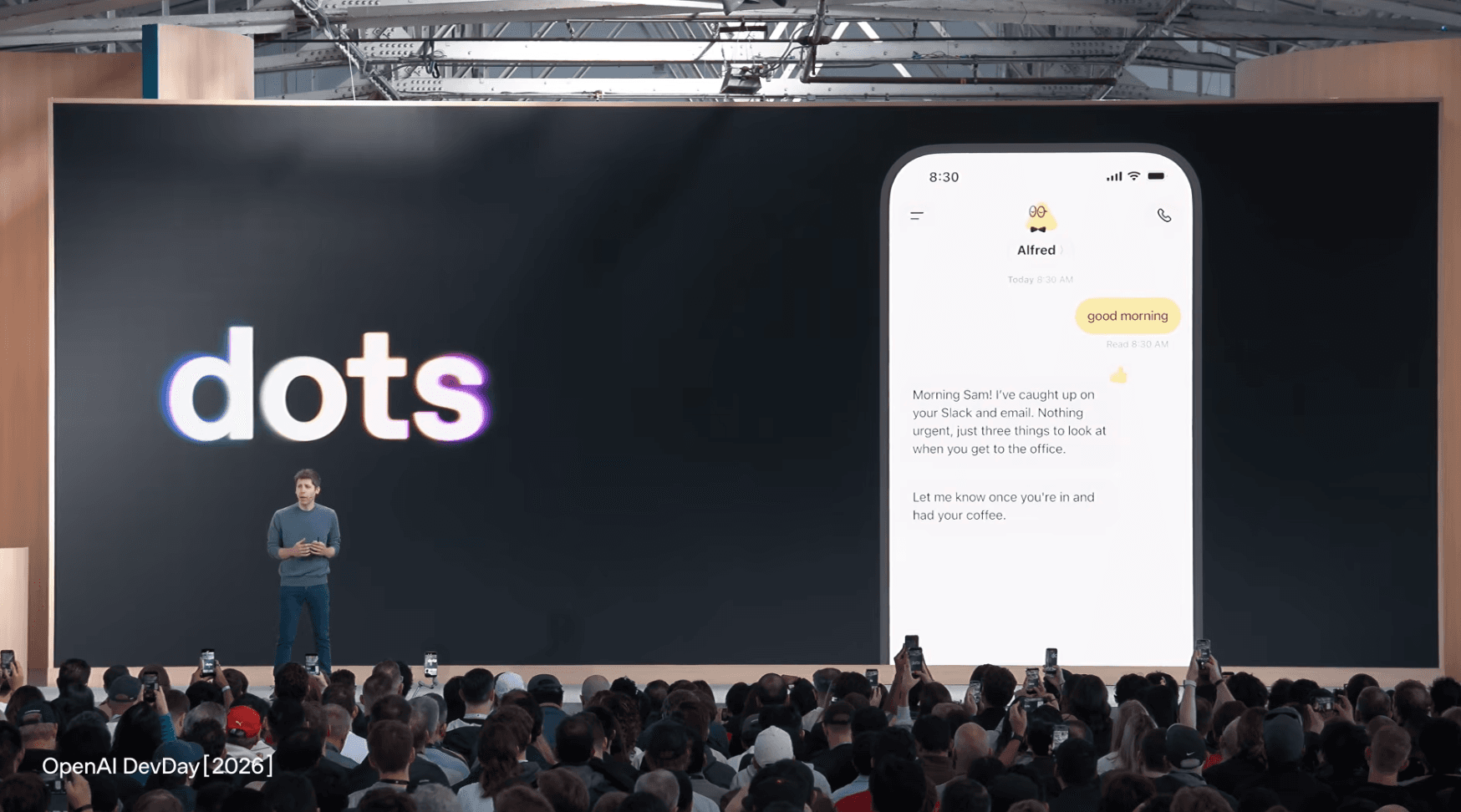 Sam Altman presenting dots at openai dev day event 2026